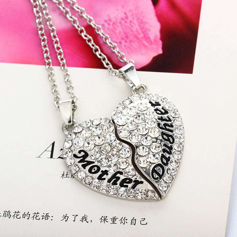 Wholesale Mother's Day Parent-child Style Mother and Daughter Heart-shaped Diamond Patchwork Pendant Alloy Necklace